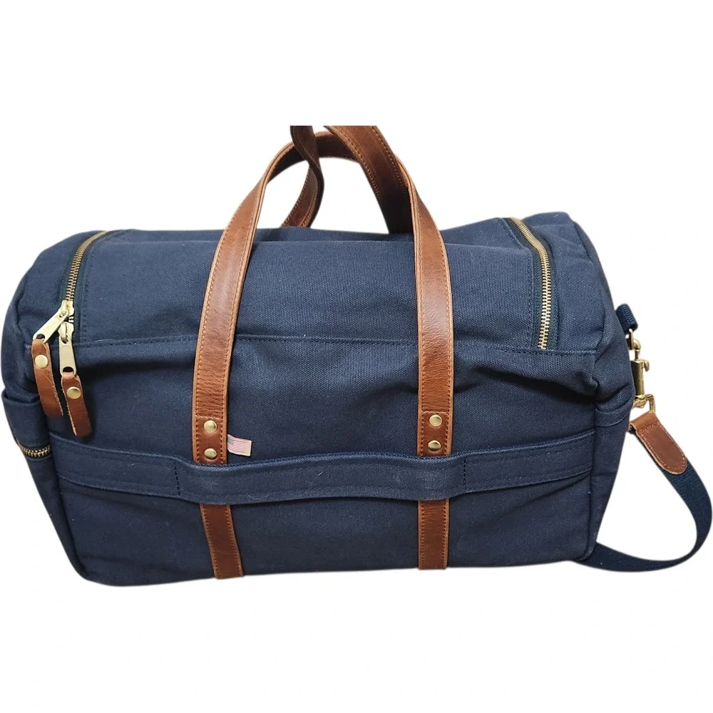 Hudson Sutler Navy Blue Medium Canvas Duffle Bag Leather Trim Medium 17x11x8‎